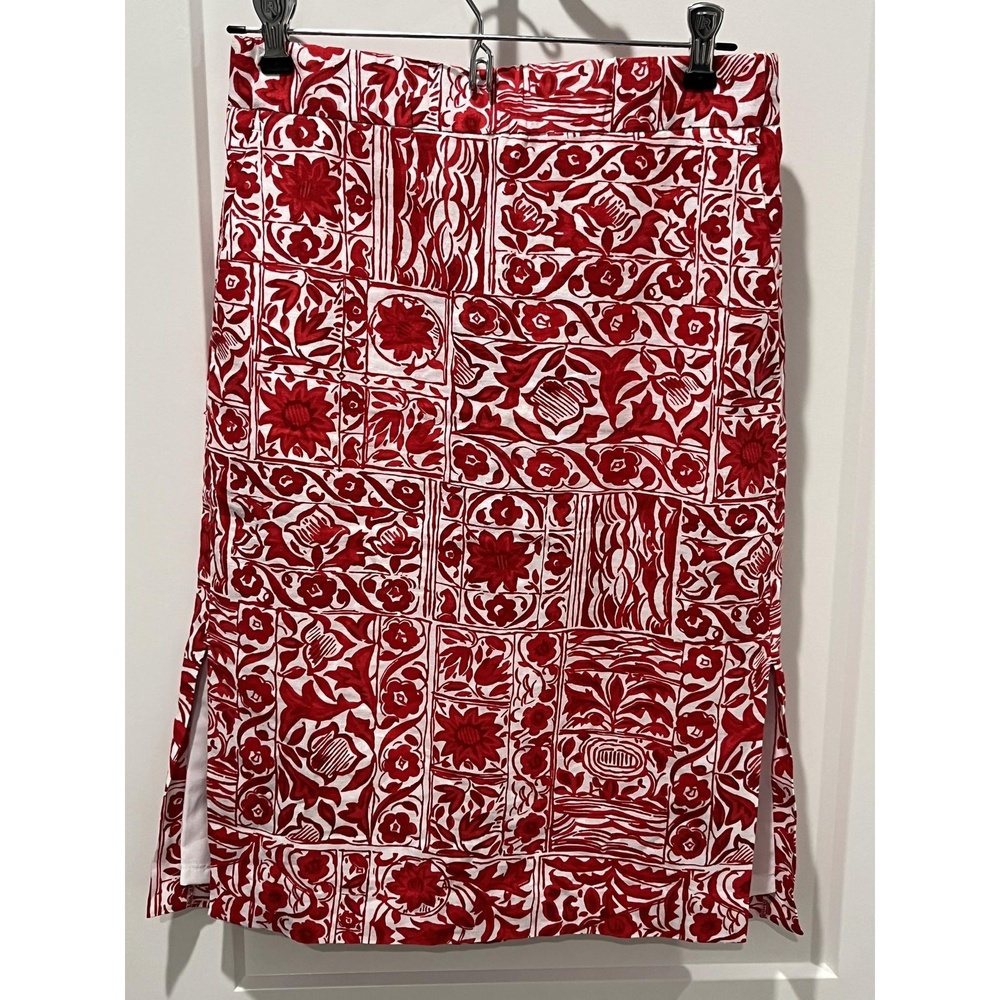 Ann Taylor Linen Blend Red White Womens Floral Skirt Lined Extra Small
